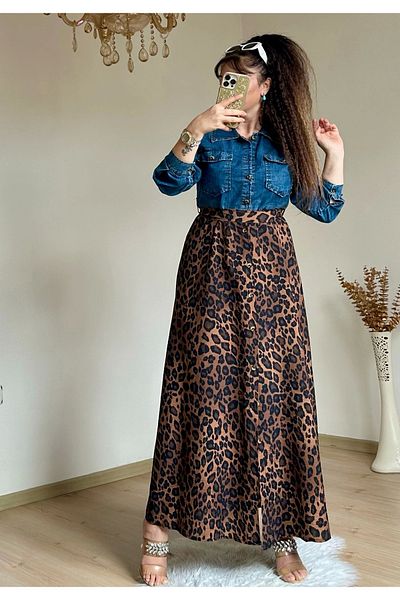 azra moda Rochie leopard cu detaliu din denim