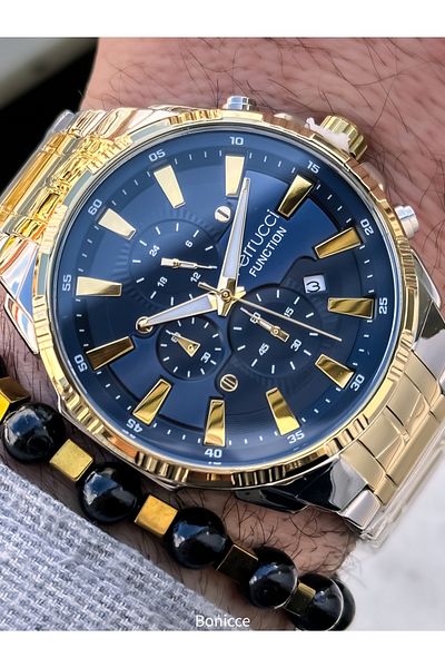 Ferrucci Silver Yellow Steel Cord, Navy Blue Dial, Functions Active, Men's Wristwatch+Bracelet with Calendar