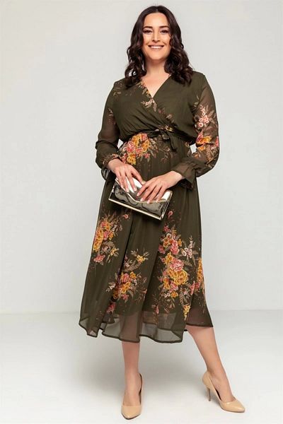 azra moda Μακρύ κίτρινο φλοράλ φόρεμα σιφόν - Χακί
