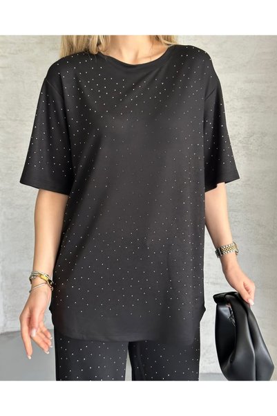 Butik Ayseba Women's Stoned Short Sleeve Bottom Top Set