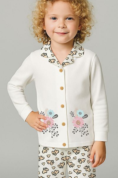 peki baby&kids Well Girl Child Interlock Cotton Heart Patterned Mat Flower Printed Front Buttoned Pajamas Set 18934