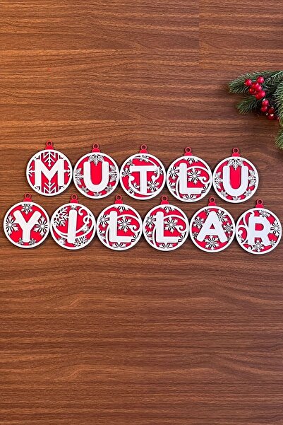 Store DumlEs® 11 Harfli Kırmızı Beyaz İpli MUTLU YILLAR Yazılı Ahşap Yılbaşı Ağaç Süsü