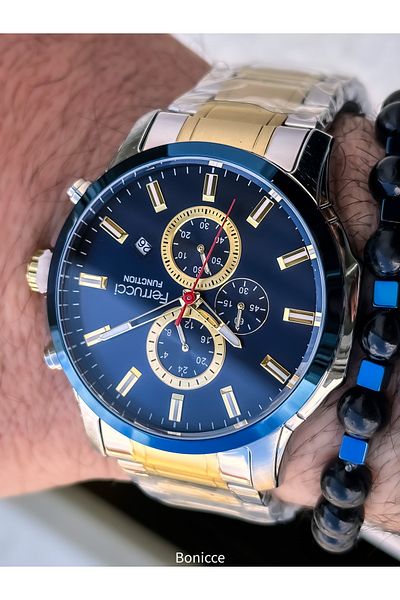 Ferrucci Silver Yellow Steel Cord, Navy Blue Dial, Functions Active, Men's Wristwatch+Bracelet with Calendar