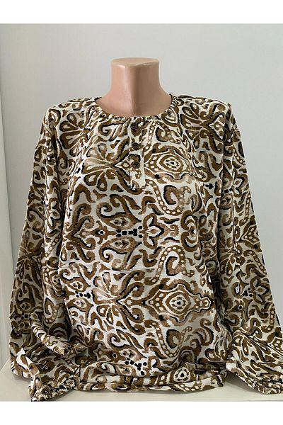 sevdalı Women's Large Size Brown Curly Pattern Woven 100% Cotton Mother Combed Cotton Blouse