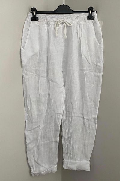 AYASOFYA OTANTIK Women's Italian White Elastic Waist Lace Detailed 100% Linen Carrot Trousers