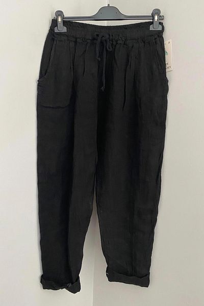 AYASOFYA OTANTIK Women's Italian Black Elastic Waist Lace Detailed 100% Linen Carrot Trousers