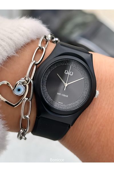 Q&Q Black Silicone Cord, Suitable for Pool and Sea Use, Silvery Guaranteed (24 Months) Women's Wristwatch + Bracelet