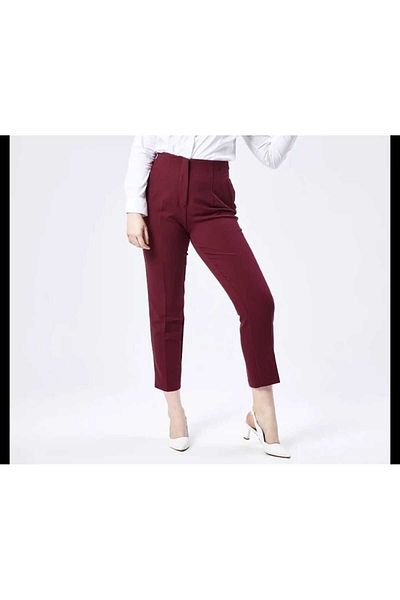 MİSLİNE Burgundy High Waist Cuffed Slim Leg Women's Fabric Pants