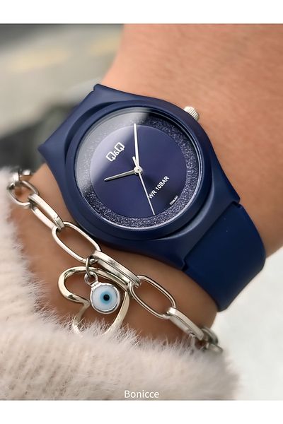 Q&Q Dark Blue Silicone, Suitable for Pool and Sea Use, Silvery Guaranteed (24 Months) Women's Wristwatch + Bracelet