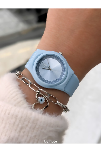 Q&Q Baby Blue Silicone, Suitable for Pool and Sea Use, Silvery Guaranteed (24 Months) Women's Wristwatch + Bracelet
