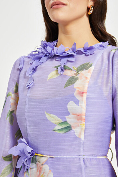 SERPİL Kadın Çiçek Desenli Aplikeli Elbise – Uzun Kol, Kemerli