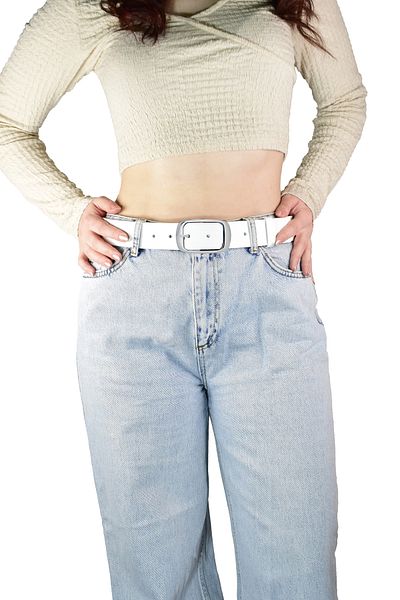 GoDeri Curea albă de damă de 4 cm - 100% piele naturală, cataramă argintie, blugi, centură sport AN-BYN-19