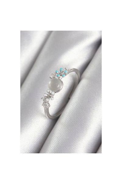 Marsilyan Brass Silver Color Zircon Stone Detailed White Pearlescent Flower Model Women's Ring - TJ-BYK3044