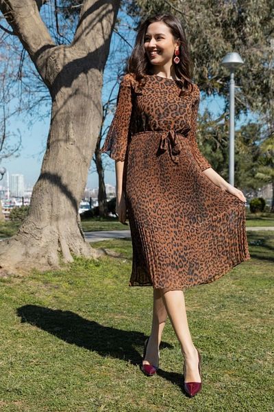 azra moda Women's Brown Chiffon Leopard Dress