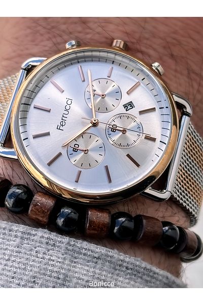 Ferrucci Rose - Silver Wicker Steel Cord, Simple Stylish Model with Calendar Men's Wristwatch+Bracelet