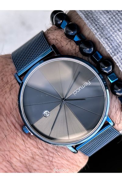 Ferrucci Dark Blue Steel Cord, Dark Blue Dial, Simple Stylish Model Men's Wristwatch+Bracelet with Calendar