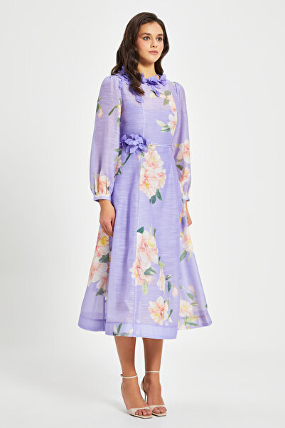 SERPİL Kadın Çiçek Desenli Aplikeli Elbise – Uzun Kol, Kemerli