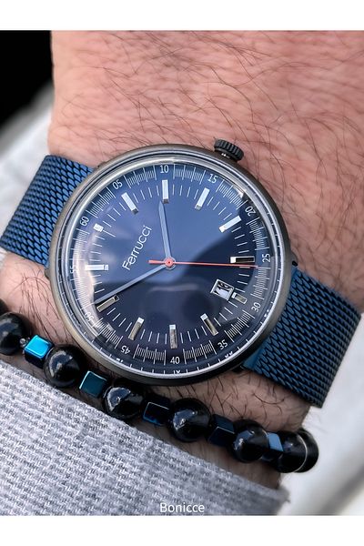 Ferrucci Dark Blue Wicker Steel Cord, Calendar Model Men's Wristwatch+Bracelet
