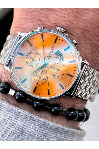 Ferrucci Silver Wicker Steel Cord, Glass with Light Turning Feature Calendar Model Men's Wristwatch+Bracelet