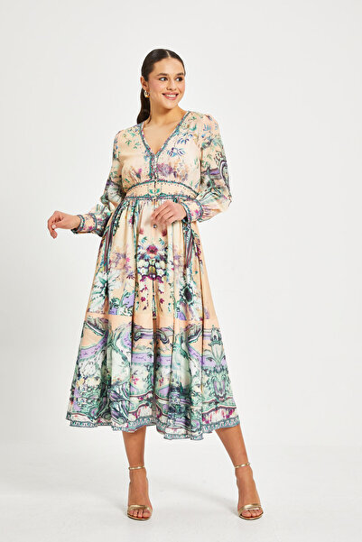 SERPİL Kadın Desenli V Yaka Elbise – Uzun Kollu, Kuşaklı, Astarlı