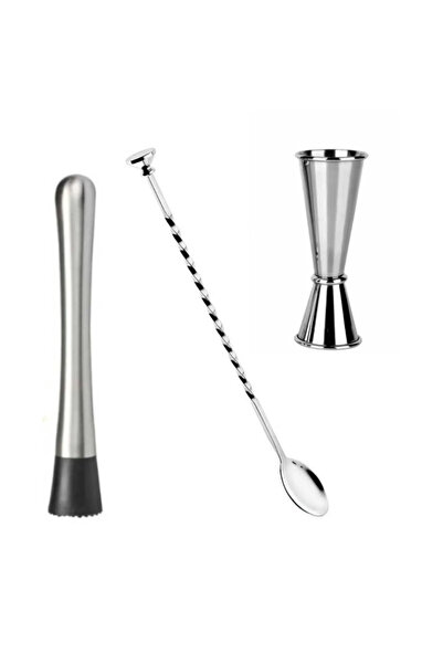 adin tasarım Mojito Tokmağı + Tokmaklı Bar Kaşığı + Jigger 3/6 cl Kokteyl Bar Tokmağı Kaşığı Ölçek Bar Seti