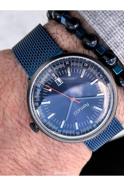 Ferrucci Dark Blue Wicker Steel Cord, Calendar Model Men's Wristwatch+Bracelet
