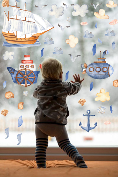 KT Decor Set de autocolante de perete pentru camera copiilor, nava pirat subacvatică, barca cu vele, submarin