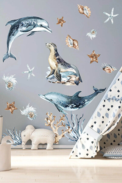 KT Decor Set de autocolante de perete cu acuarelă pentru lumina subacvatică, cu pești delfin și pește foc