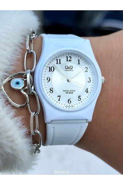 Q&Q White Silicone Cord, Suitable for Pool and Sea Use, Silvery Guaranteed (24 Months) Women's Wristwatch + Bracelet