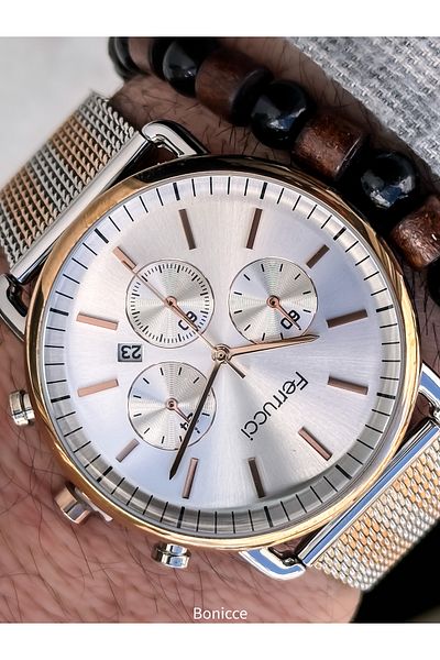 Ferrucci Rose - Silver Wicker Steel Cord, Simple Stylish Model with Calendar Men's Wristwatch+Bracelet
