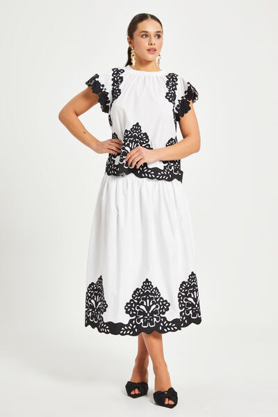 SERPİL Kadın Broderie Detaylı Pamuklu İkili Takım – Kısa Kollu Bluz ve Midi Etek, %100 Pamuk