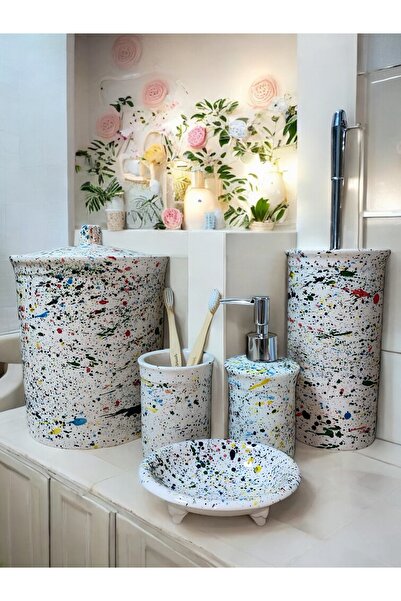 RED SERAMİK Κόκκινο κεραμικό σετ μπάνιου 5 τεμαχίων με σχέδιο Terrazzo