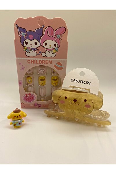 ELAS HOME KOPYA - ELAS HOME POMPOMPURIN SET Kemik Toka+ Takma Tırnak + Yüzük Sarı