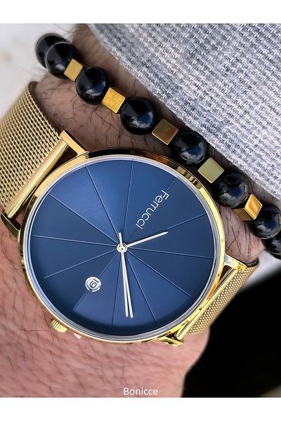 Ferrucci Yellow Steel Cord, Dark Blue Dial, Simple Stylish Model Men's Wristwatch+Bracelet with Calendar