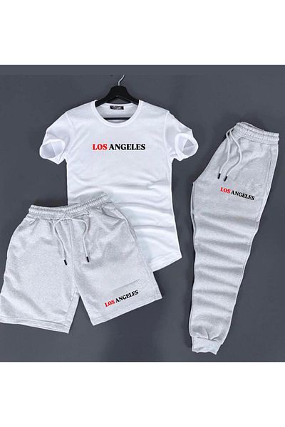 woonkey Unisex Black Oversized Los Angeles Printed T-Shirt Shorts Tracksuit 3 Pieces Set