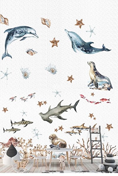 KT Decor Lumea subacvatică Creaturi oceanice Rechini Delfini și pești-foca Mega set de autocolante de perete