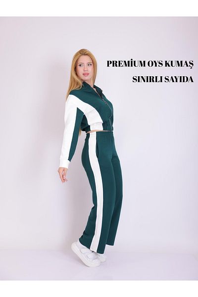 lzv Women's Zippered Stripe Detailed Tracksuit Set - Emerald Green / Wide Leg