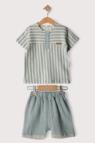 damdamin Cotton Baby Boy Half Placket Snap Striped Short Sleeve Shirt & Wood Ornamental Button Shorts 2-Piece Suit