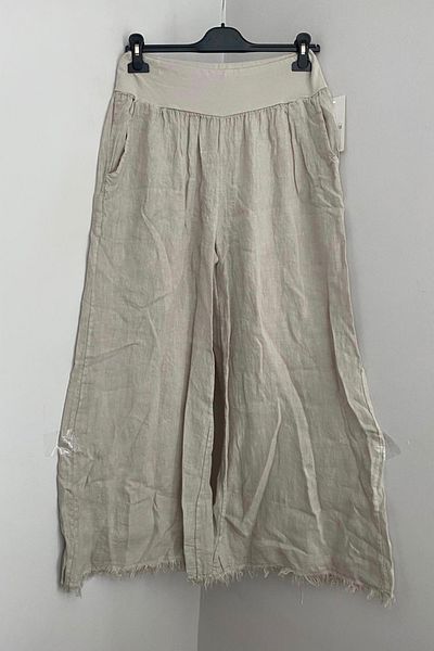 AYASOFYA OTANTIK Women's Italian Beige Stretchy Elastic Waist Pocket 100% Linen Tasseled Loose Wide Leg Pants