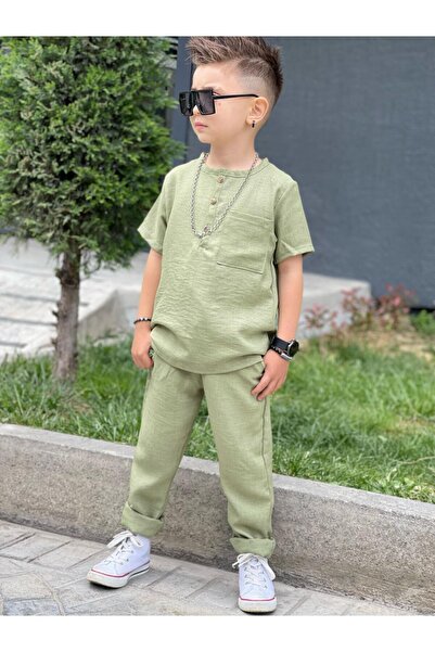 Burçak Butik Summer Short-Sleeved Linen Fabric Shirt-Pants Bottom Top Set (One Size up Can Be Chosen)