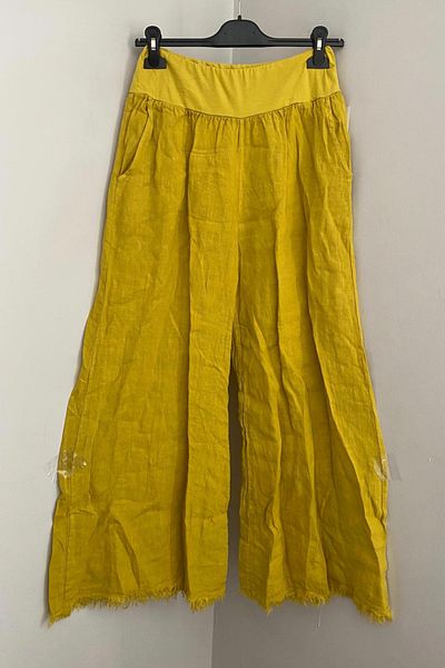 AYASOFYA OTANTIK Women's Italian Yellow Stretchy Elastic Waist Pocket 100% Linen Tasseled Loose Wide Leg Pants