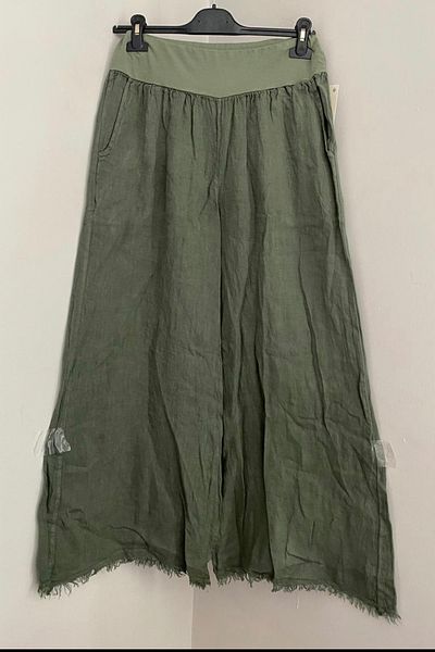 AYASOFYA OTANTIK Women's Italian Khaki Flexible Elastic Waist Pocket 100% Linen Tasseled Loose Wide Leg Trousers