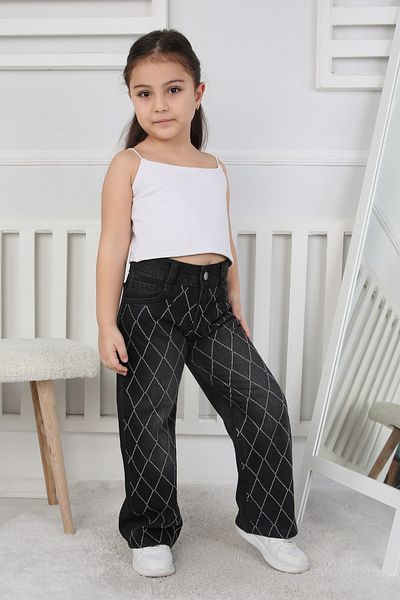 MeaShop Girl's High Waist Diamond Pattern Stone Jeans