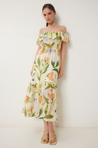 Happiness İstanbul Women's Yellow Green Carmen Collar Patterned Summer Linen Dress Rg00057