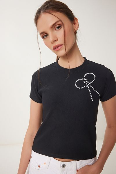 Happiness İstanbul Women's Black Beaded Bow Detailed Knitted T-Shirt Zv00290
