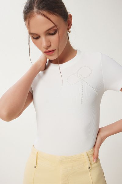 Happiness İstanbul Damen-T-Shirt mit Knochenperlen und Schleife, gestrickt, ZV00290