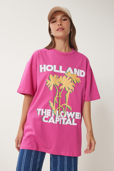 Happiness İstanbul Γυναικείο Πλεκτό Μπλουζάκι με στάμπα σε σκούρο ροζ Oversize JH00054