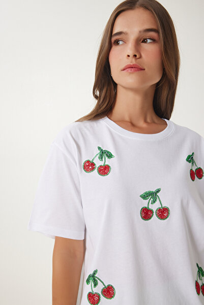 Happiness İstanbul Dámske biele korálkové detailné pletené tričko BW00002