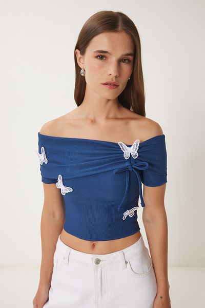 Happiness İstanbul Women's Navy Blue Carmen Collar Butterfly Detailed Knitted Blouse Fw00008