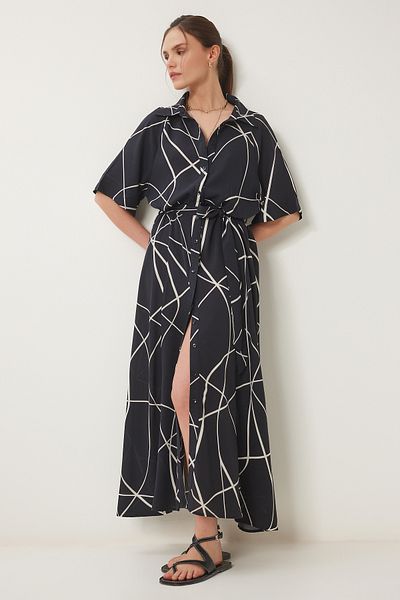 Happiness İstanbul Rochie cămașă midi de vară cu imprimeu oase negre pentru femei RG00056